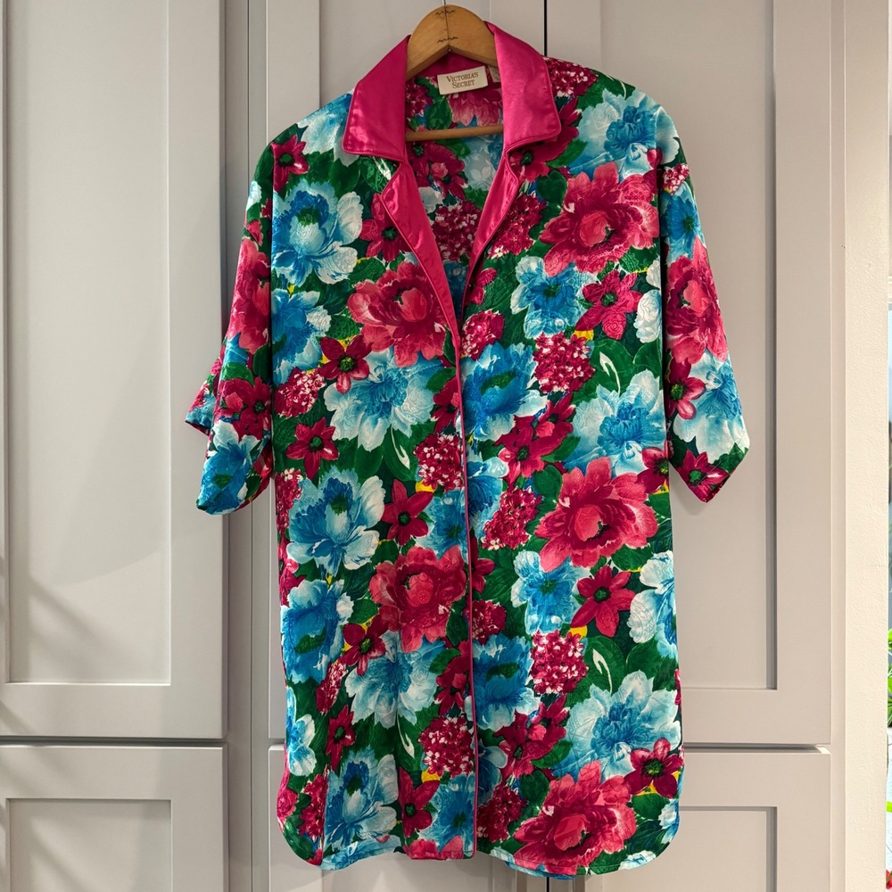 Vintage 90s Victorias Secret Gold Label Floral Satin Nightshirt Pink Blue P/S